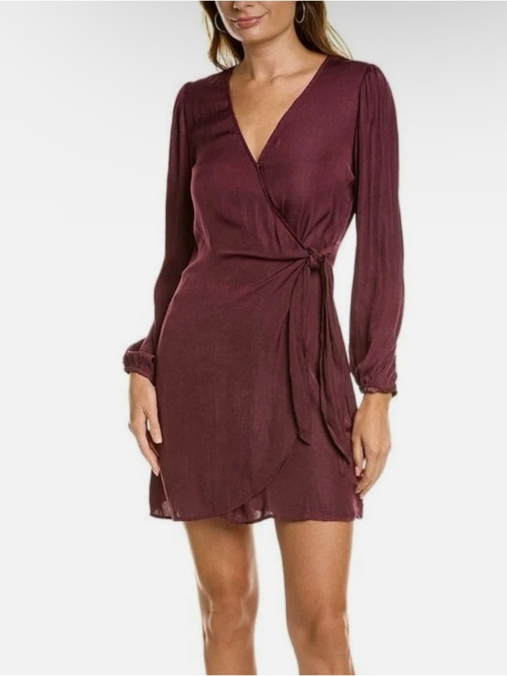 Socialite Long-Sleeve Faux Wrap Dress in Burgundy - Size: Medium